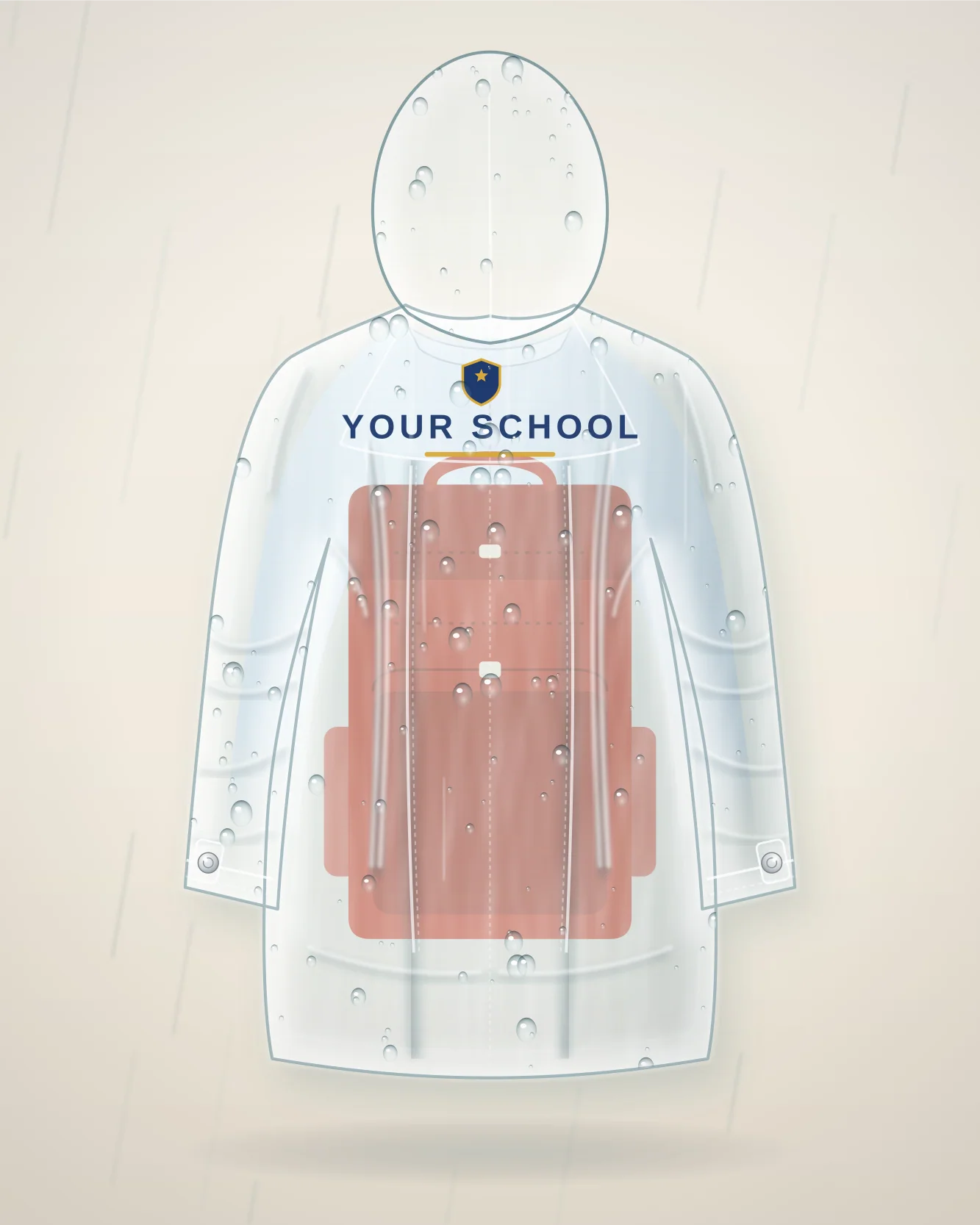The raincoat from behind with a school backpack visible inside its roomy back pleat.