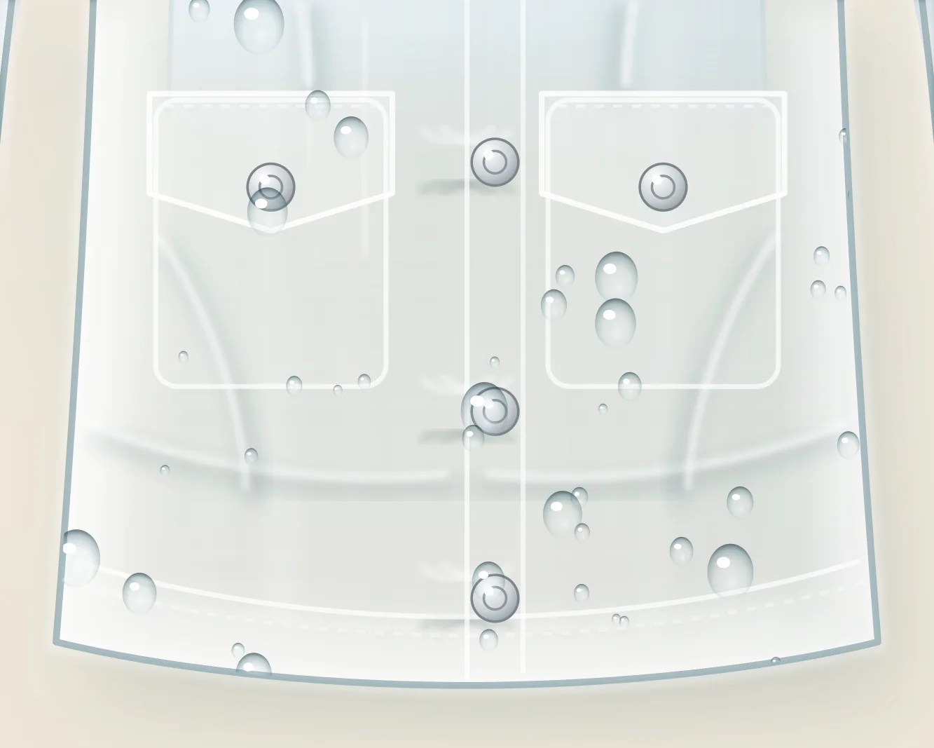 Close-up of the lower coat with water droplets rolling off the clear shell over the pocket and hem.
