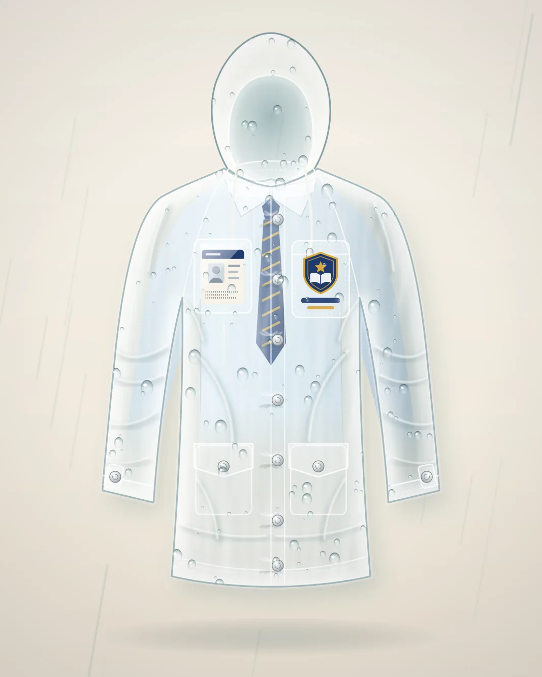 The raincoat with a navy crest, tie and ID header, over a school uniform.