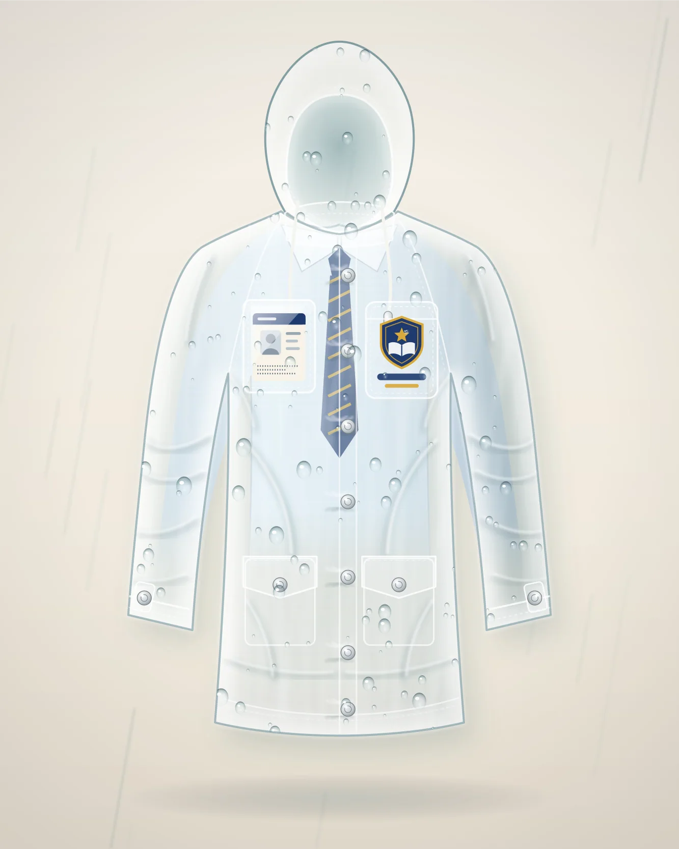 Illustration of the MonsoonSafe raincoat from the front: a hooded, see-through coat over a school shirt and tie, with a clear ID window and a crest pocket on the chest.