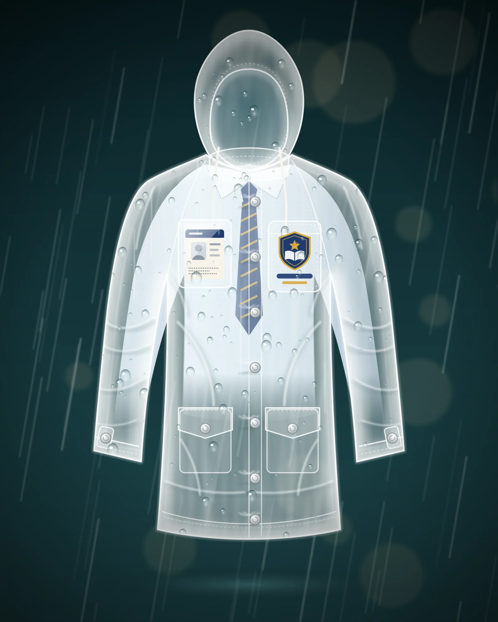 Illustration of the MonsoonSafe raincoat in the rain: a hooded, see-through coat over a school shirt and tie, with a clear ID window and a crest pocket on the chest.